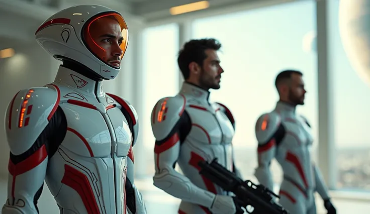 The image shows three men in futuristic suits sitting in a room with a planet in the background. The suits are white with red accents and have intricate designs on their bodies and arms. The man on the left is wearing a white helmet with a red stripe on th...