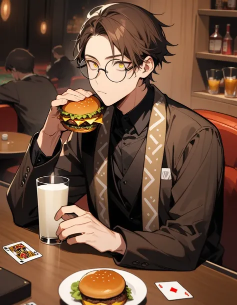 One Person, Half Body, Adult Male, Brown Hair, Short Hair, Light Yellow Eyes, Round Glasses, Brown Shaman Robe, Black shirt,Poker Face, Bar, Rune Motif on Suit, one glass of milk, burger on table, sit,