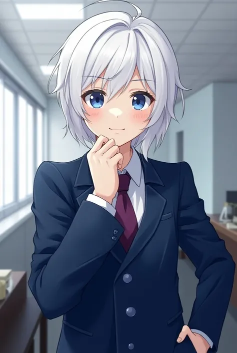 beautiful illustration,  The best quality , cool , curious boy with white hair , smooth hair,  he is a prince in a blue outfit, tsundere, Jealous, handsome prince, Cold, White haired boy, black office suit

