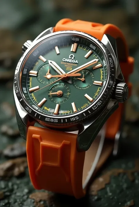 watch mens,watch brand Logo"9+", orange strap, silver white gold green details,  detailed image, closeup shot, omega, product render, iq 4, super-detailed, super - detailed, f / 8. 9 6. 8 1 mm iso 4 0