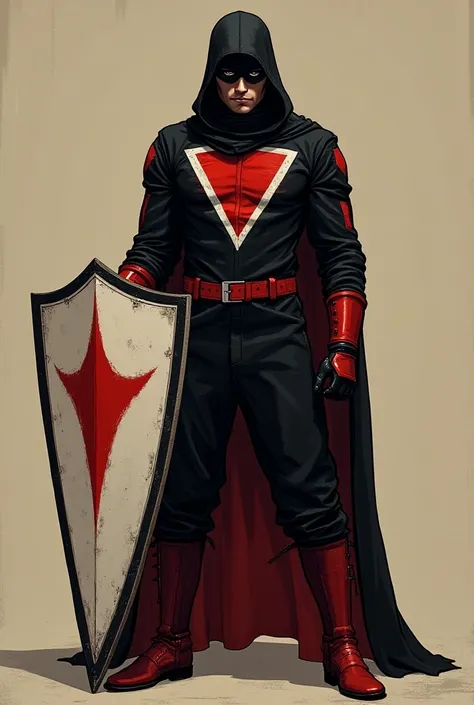  A man with fair skin and black eyes ,  with an all-black costume with slimming red stripes , gloves and red boots,  a large white triangle turned upside down on the chest and inside has a red star.  He wears a mask with the exception of the space of the e...