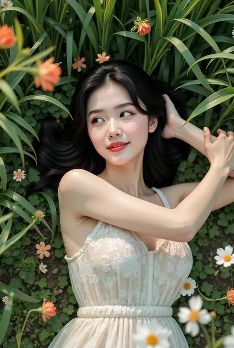 photo shoot, Realistic,   Wong Kahwai Movie  ,  cowboy shot,   from a top down shot of a beautiful Asian woman lying on the ground with grass and small flowers,  Shes Smiling Shyly  ,  She raises her arms  ,  Smooth Underarm Skin  , Beautiful Makeup,   She...