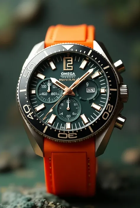 watch mens,watch brand Logo"9+", orange strap, silver white gold green details,  detailed image, closeup shot, omega, product render, iq 4, super-detailed, super - detailed, f / 8. 9 6. 8 1 mm iso 4 0