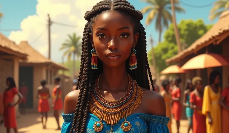 Kadiatou est décrite comme une femme d’une beauté éblouissante. Sa peau dorée brille sous le soleil, et ses yeux pétillants comme des étoiles lui donnent une allure presque magique. Elle porte un boubou bleu vif, orné de motifs traditionnels, qui épouse él...