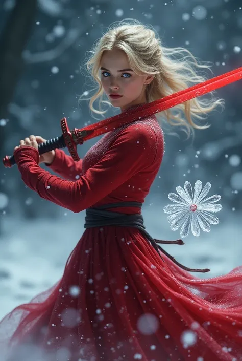 Pretty Girl, Blonde, Blue Eyes, Red Dress, Red Sword, Ice Crystal, Medieval European Style, Tsurime, Snow Crystal, Night Blizzard, Hairstyle Roll