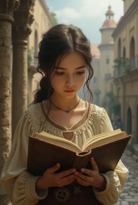 girl with a book in her hands against the background of an ancient city