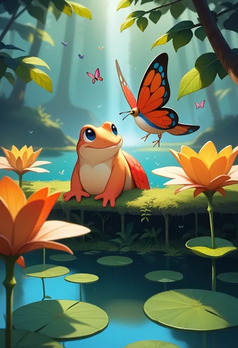 score_9, score_8_up,score_7_up, masterpiece, best quality, perfect anatomy, very aesthetic, official art, 8k,Draw a serene and peaceful lake., surrounded by lush and colorful plants. In one of the banks, there is a little frog sitting, Happy and contented....