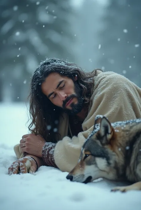 A Jesus lying on the ground holding a  next to a wolf red HD image in the snow snowing
A Jesus with long hair and a beard in the rain