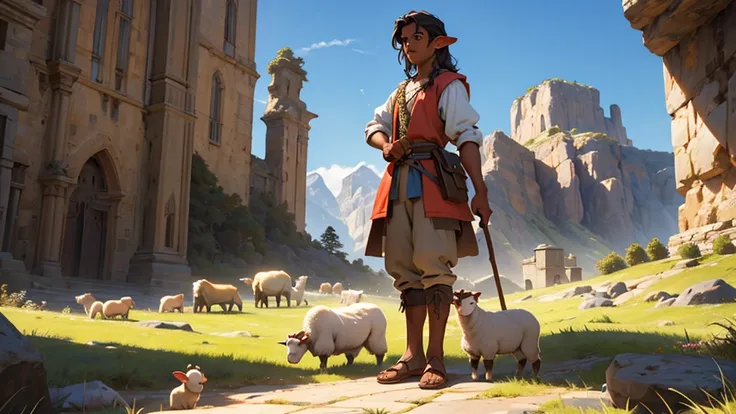 Image of David from biblical times wearing clothes from that era, with medium-length hair and teenage features, brown skin, holding a staff, with mountains and sheep in the background, in Pixar-style 3D animation, cartoon format.