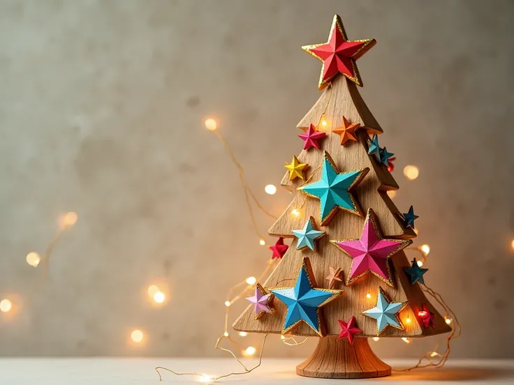 christmas tree wooden toy, stars in different colors with golden edges, extremely beautiful, 8k, extremely detailed, macro shot, festive