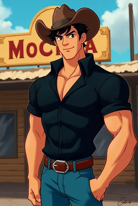  Disney animation light-skinned man,  black hair , muscular, black shirt and blue pants , with a cowboy hat and a sign in the background that says Mocha
