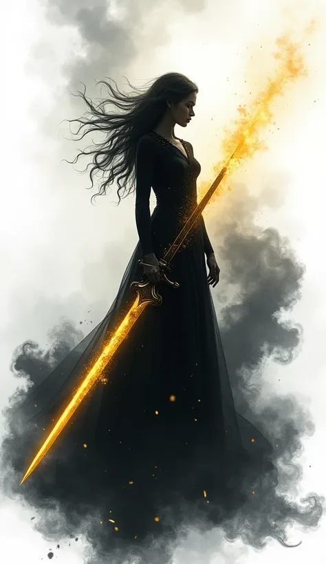 Wattpad book cover. Black smoke swirling around and forming a blurry shadow of a girl holding a sword of gold in a pure white background with a black border