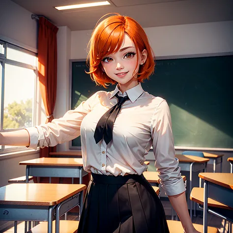 1 young woman, classroom background

orange hair, short hair, orange eyes, blushing, smiling, white blouse, black tie, layered skirt