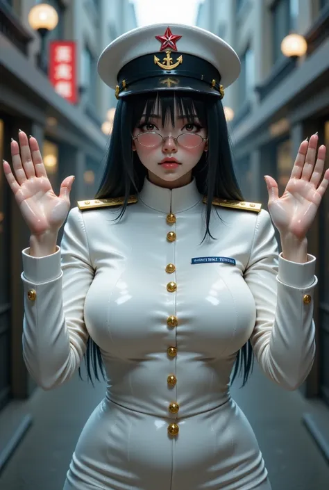 a female soldier wearing a white tight-fitting uniform and white tight-fitting military pants raised her hands in surrender。she ...