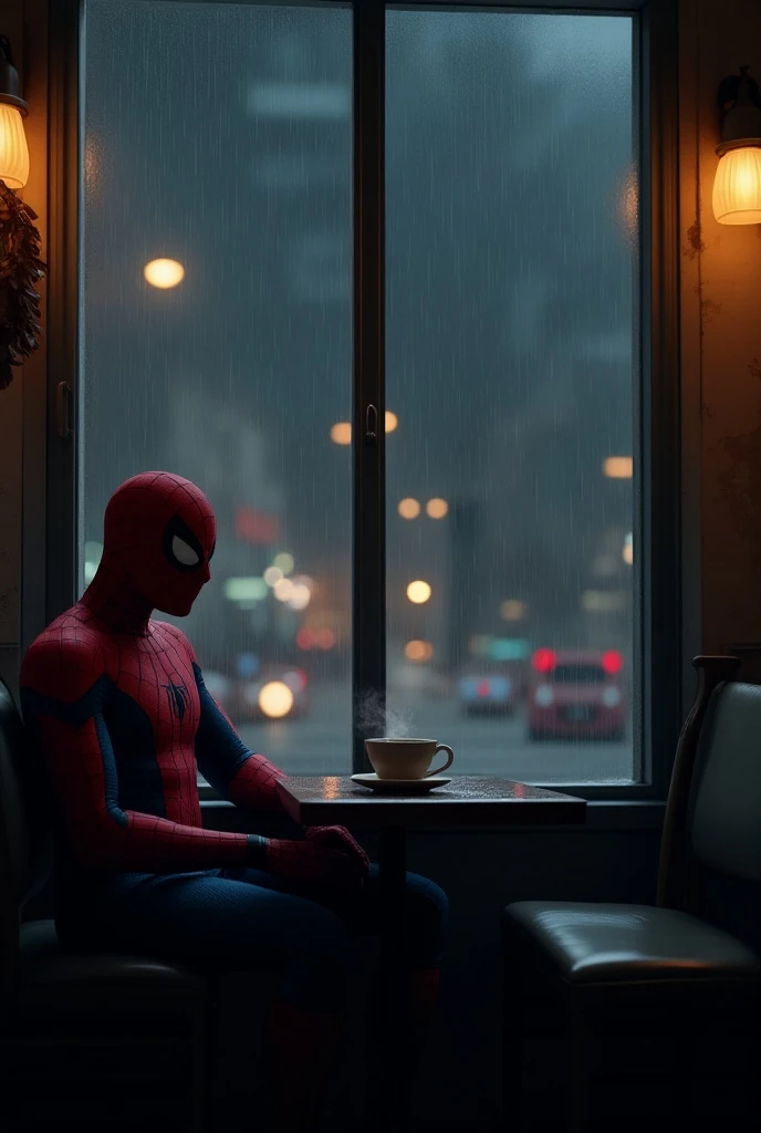 Spiderman sit at the coffee shop at the rainy night without people 