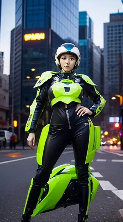 Highest quality, Excellent details,  super high definition, (realism: 1.4),  BEST ILLUSTRATION, ,  A VERY CONDENSED ONE GIRL ,  Raise, Wearing a black and green mech, Wearing a mecha helmet, Holding a direction controller, Riding a motorcycle,  The backgro...