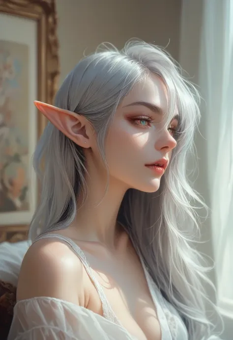 (high resolution,,portrait)（bedroom）(nsfw) 1girl((female ) (silver hair、elf ears、devil&#39;s wing、tail、tanned skin:2.5、)（silk co...