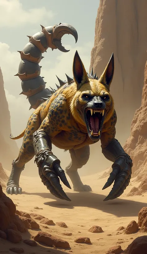 "A monstrous hybrid combining the cunning of a hyena with the deadly precision of a scorpion. The creature has the muscular, spotted body of a hyena, but its back is armored with thick, scorpion-like plates, and from its rear arches a massive, segmented ta...