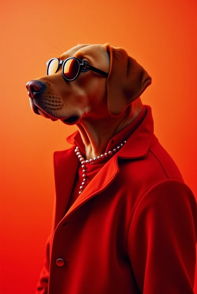 Best wallpapers for mobile phone, Wallpaper Winners, portrait photography,  in the foreground portrait of a red-haired Labrador , side view, photo taken on Canon EOS R5, strong contrast to highlight the subject, fluorescent red tone ,  wearing a very moder...