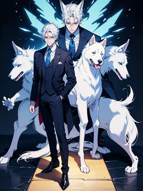 Anime style illustration of a man in a suit and tie standing next to a white dog. White fox anime. Tall anime man with blue eyes. Cool anime pose. Anime cover.