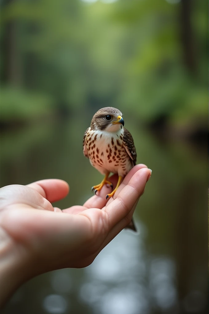 A close up of a tiny hawk being gently held by a human finger. He is very small, e fofo. The background is blurred with a forest and a pond behind it.