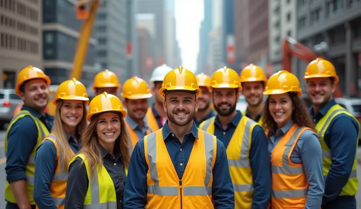 photo of 30 workers on the streets, in hard hats smiling and looking at camera