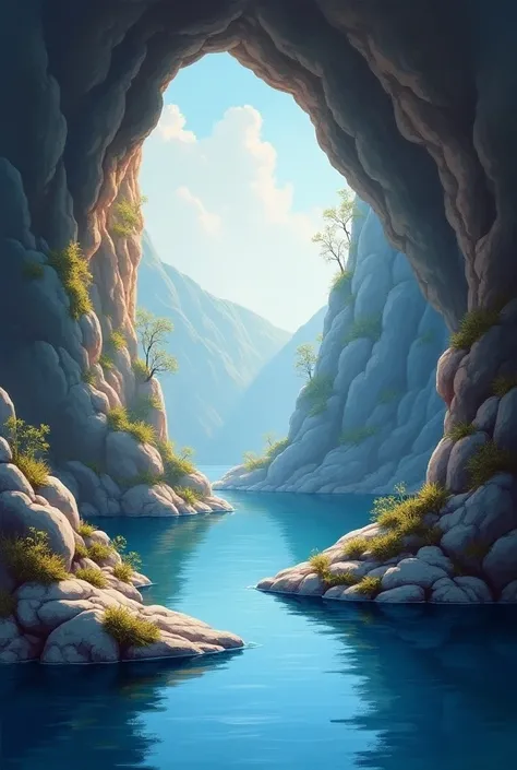 make a bob ross style painting inside of a cave with water and lots of contrasts