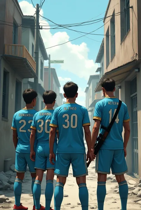  Male soccer players wearing light blue shirts and pants who are facing the entrance of a destroyed low-income residential street, The entrance to the street must have a pole with the direction of La Tercera and players must have the numbers on their sword...