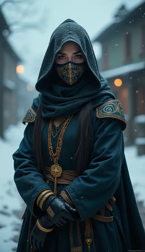 8k wallpaper of a mysterious beautiful masked kunoichi ninja wearing eyeliner and gold jewelry in the streets of a dark snowy town in Russia, 8k photo.