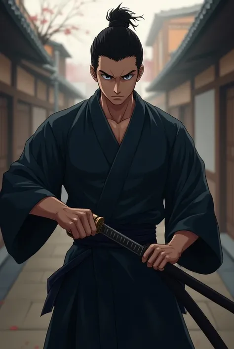 a young man of average height and a well-defined muscular build. Gray eyes and he started wearing a dark kimono.  Saikon tied his black hair in a bun and has no mustache or goatee, and has a clean, understated look.  anime quality.

Saikon is ready to figh...