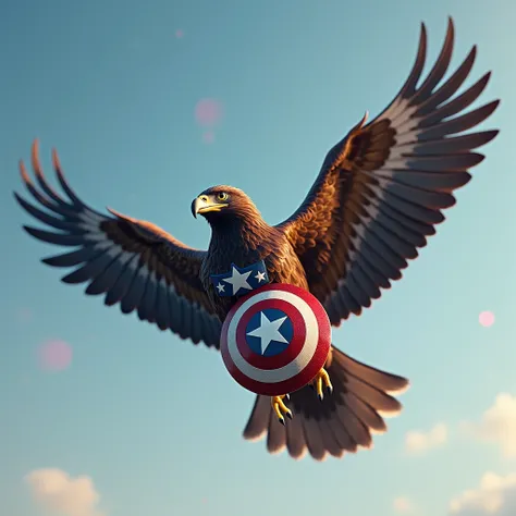 Create a proud eagle as a pet, with a small Captain America shield attached to its chest. The eagle is soaring in the sky, and the background should be a clear sky with hints of red, white, and blue, representing Captain America’s theme.