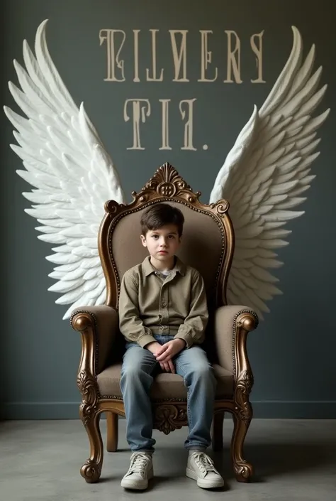 Create realistic image a  boy is sitting lion chair with white wings and behim him the colour of the wall is gray on which "SiCiiD EdiTs"written in big style