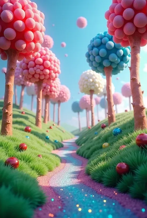 Candy tress and colored grass in a forestMasterpiece, Sparkle, 3D Rendering, 