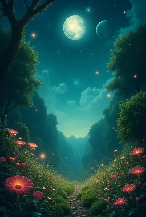 Scene of a verdant and flowery forest with planets, moon and stars about the awakening of consciousness without a person in the image