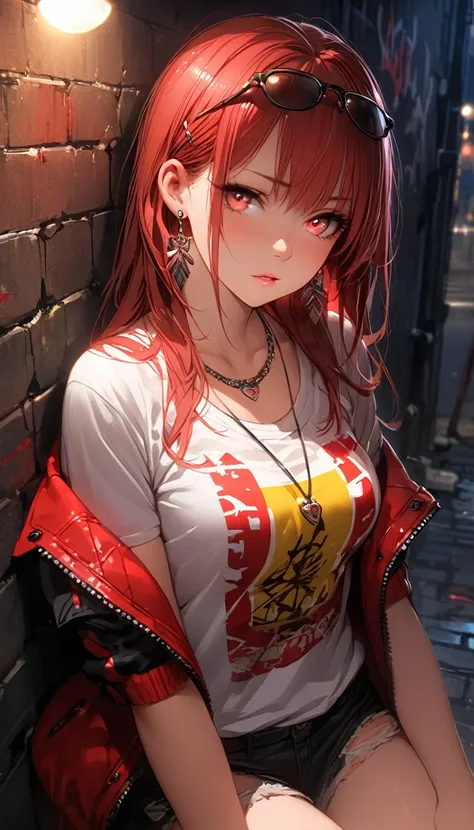 (masterpiece,  best quality,  1 girl, Alone, Intricate details,  chromatic aberration ), Realistic, ((Mid-breath)),Long Hair, Red Hair, Red decoration on head,  PINK HIGHLIGHTS , amber eyes,  earrings, Sharp Eye, necklace, Fluorescent shirt,  tattered shor...