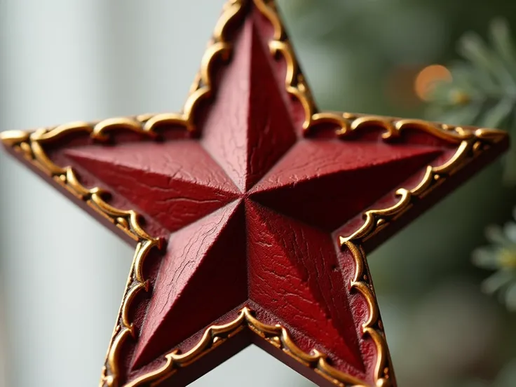 christmas wooden toy, carved red star with golden edges, extremely beautiful, 8k, extremely detailed, macro shot, festive