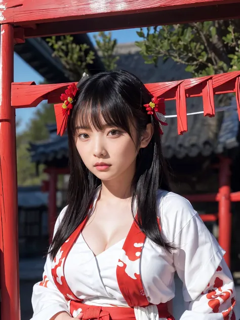 (masterpiece,  best quality,  best quality, Official Art, beautiful、beautiful:1.2), gigantic breasts,(RAW 写真 best quality:1.1),(One Girl),(Shrine maiden:1.5),(Red too:1.1),(():1.6),  white kimono, Red Long Skirt ,  Black Hair  , hair accessory that closes ...