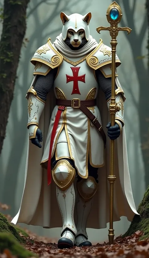  Imagine a hybrid of a jaguar with the Crusader from Dungeon and Figther a costume that mixes elements Clericais e de Batalha.  He wears sturdy white armor with gold details ,  especially highlighting the large symbol of a cross in the center of the armor ...