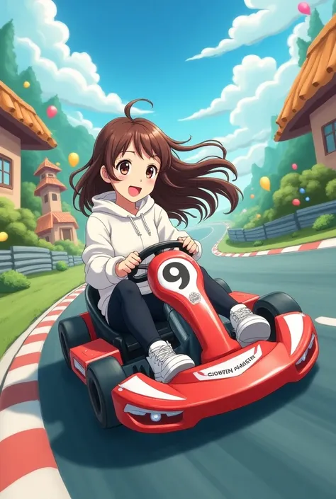 an anime girl with long, curly brown hair and brown eyes a white hoodie some black pants and white high top shoes,she drive a go kart