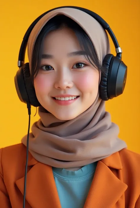 podcast smiling Japanese white skin Muslim girl portrait, with podcast headset, moderne girl, modern wear, saturated image, studio light, 8k