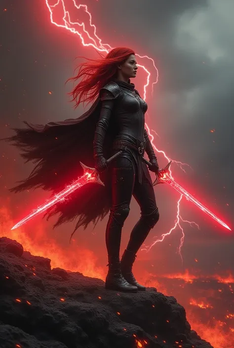 ((masterpiece)) ((photography)) ((Highest quality))  A fierce warrior stands on the edge of a volcanic landscape, with molten lava flowing in the background. Her red hair flows wildly, dressed in a dark, form-fitting outfit with shades of deep red, combini...