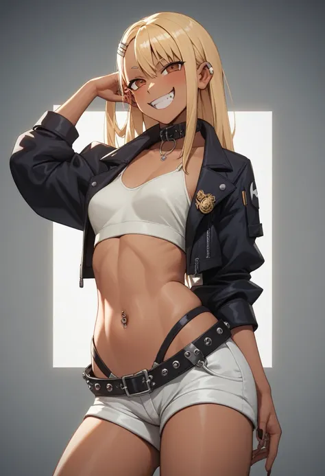 score_9, score_8_up, score_7_up, 1girl, standing, nagatoro hayase, solo , anime, blonde hair, hair clip, grin smile, tan, dark-skinned female, hadegalchainbelt, large o-rings, chain-belt, black cropped jacket, light green camisole, white shorts, navel pier...