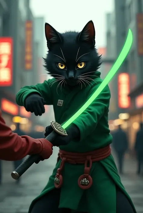 Create a black ninja cat with a green ninja suit and the Naruto emblem on the front, a green sword, piercing a ninja with a red suit, and the background is a Tokyo street.