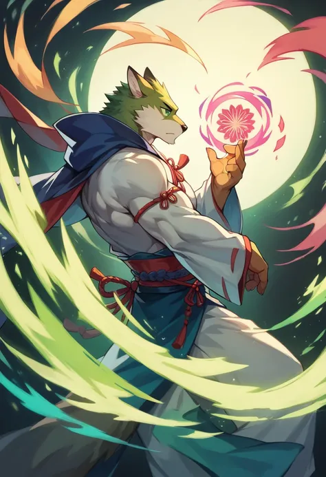 ((best quality)) ((masterpiece)) portrait, green eyes, magic, floating, sorcerer, bo, muscular fox, anthro, kawai, high detail, sideview, vibrant, fantasy city, asian clothes, male, 8k