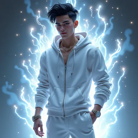 The photos are very realistic. A handsome and elegant 17-year-old boy is reborn from the digital ashes in a luxurious holographic blaze. Wearing a luxurious and expensive white hoodie jacket. Wearing luxurious and expensive white hoodie pants. Wearing a lu...