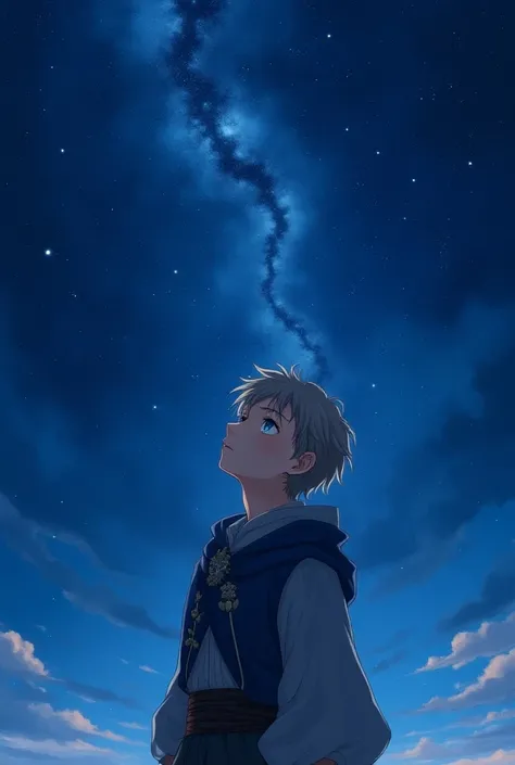 Take a picture of a medium-haired anime boy for me,  Blue Eyes and Mediabal Clothes in Love with the Starry Sky