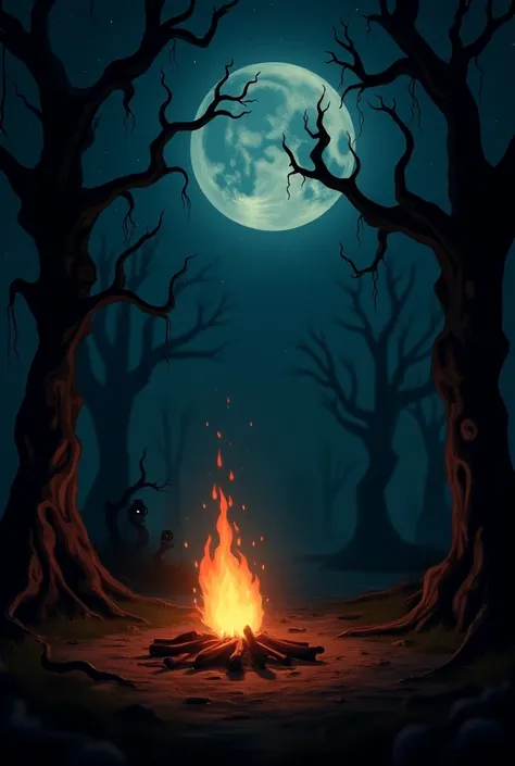 campfire, still from animated horror movie, scary creatures in background, halloween scene, rim light style tim burton, cg art, mad monster party film, rolands zilvinskis 3d render art, animated movie scene, background artwork, lovecraftian background, in ...