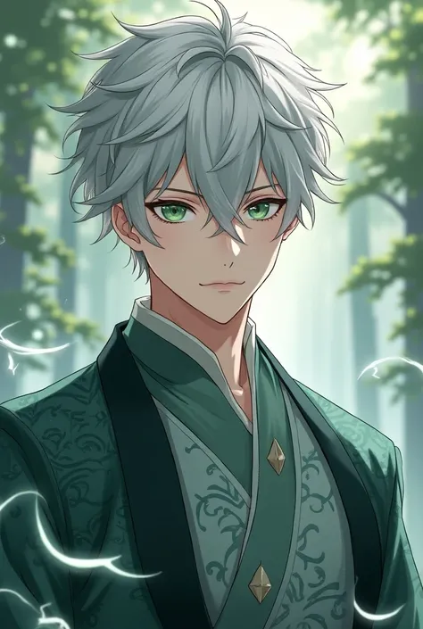  Anime characters with white gray hair and green eyes, Luo Binghe , Anime portrait of a handsome man,  full body, wuxia, ropa hanfu, a bit of scales  