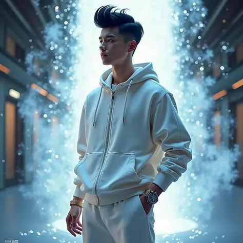 The photos are very realistic. A handsome and elegant 17-year-old boy is reborn from the digital ashes in a luxurious holographic blaze. Wearing a luxurious and expensive white hoodie jacket. Wearing luxurious and expensive white hoodie pants. Wearing a lu...