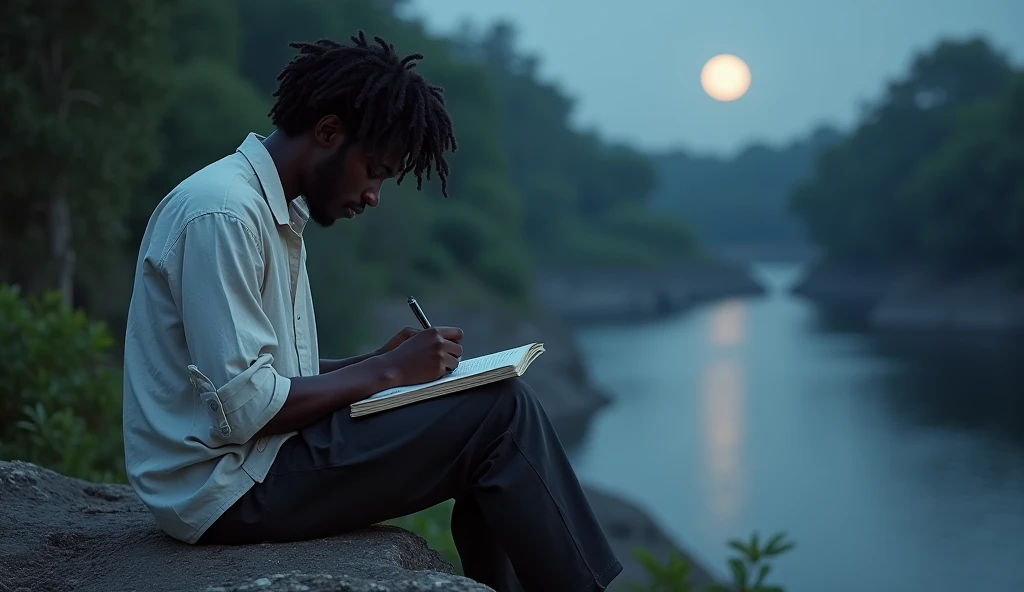 Dans la scène où Idrissa un homme africain compose un poème à la lueur de la lune, il est assis sur un rocher surplombant la rivière. Il porte une chemise en lin blanc, légèrement froissée, et un pantalon en toile sombre. Sa tête est légèrement inclinée, a...